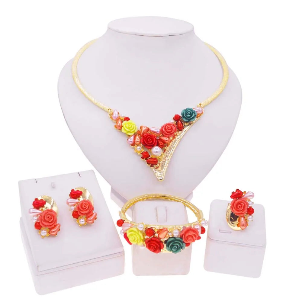 Zhuerrui Italian Gold Luxury Wedding Jewelry Sets Multi Color Flowers Necklace Bracelet Jewellery Set High-end Luxury H00707