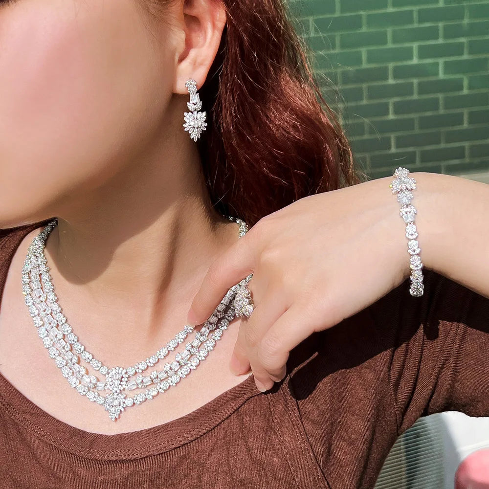 4pcs Necklace Earrings Bracelet Ring Women Zirconia Multiple Layer Wedding Jewelry Set for Bridal Luxury Costume Accessories