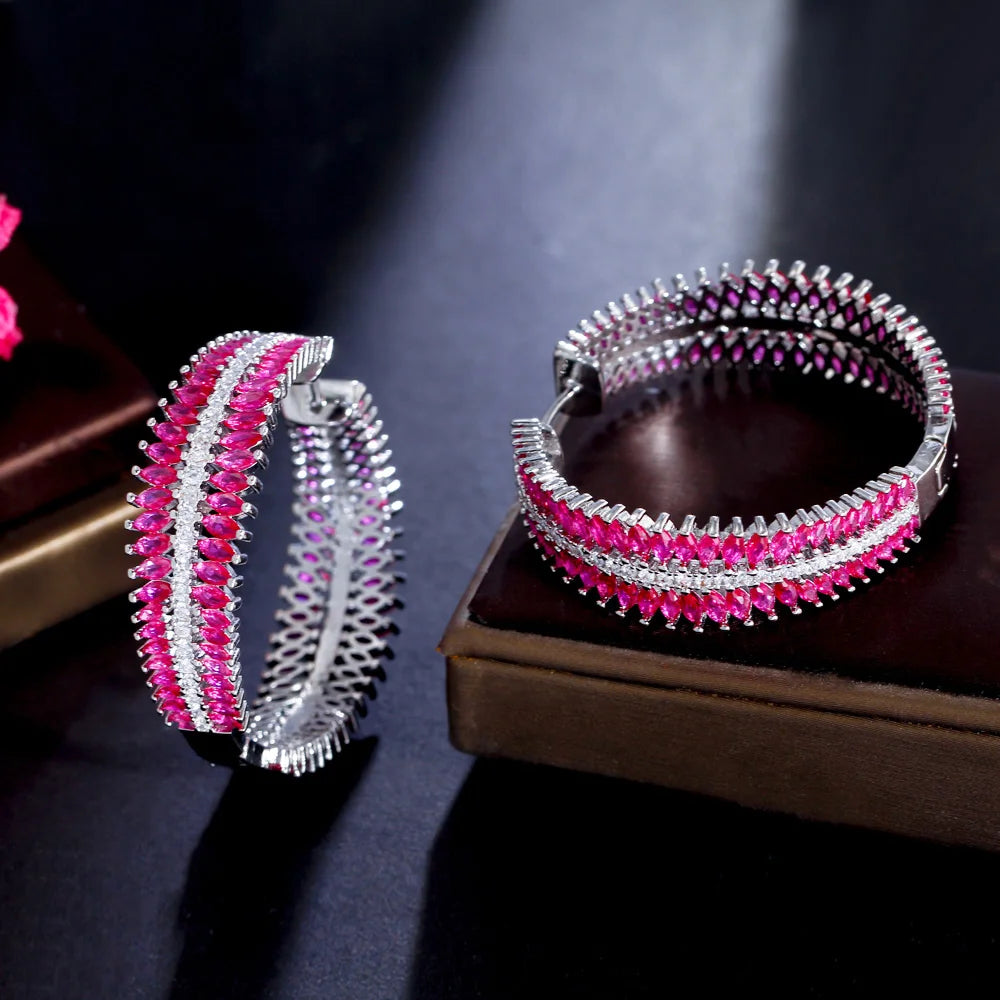 S&S Fuchsia Red Marquise CZ Two-Sided Chunky Hoop Earrings – Rhodium Silver Plated – Collection