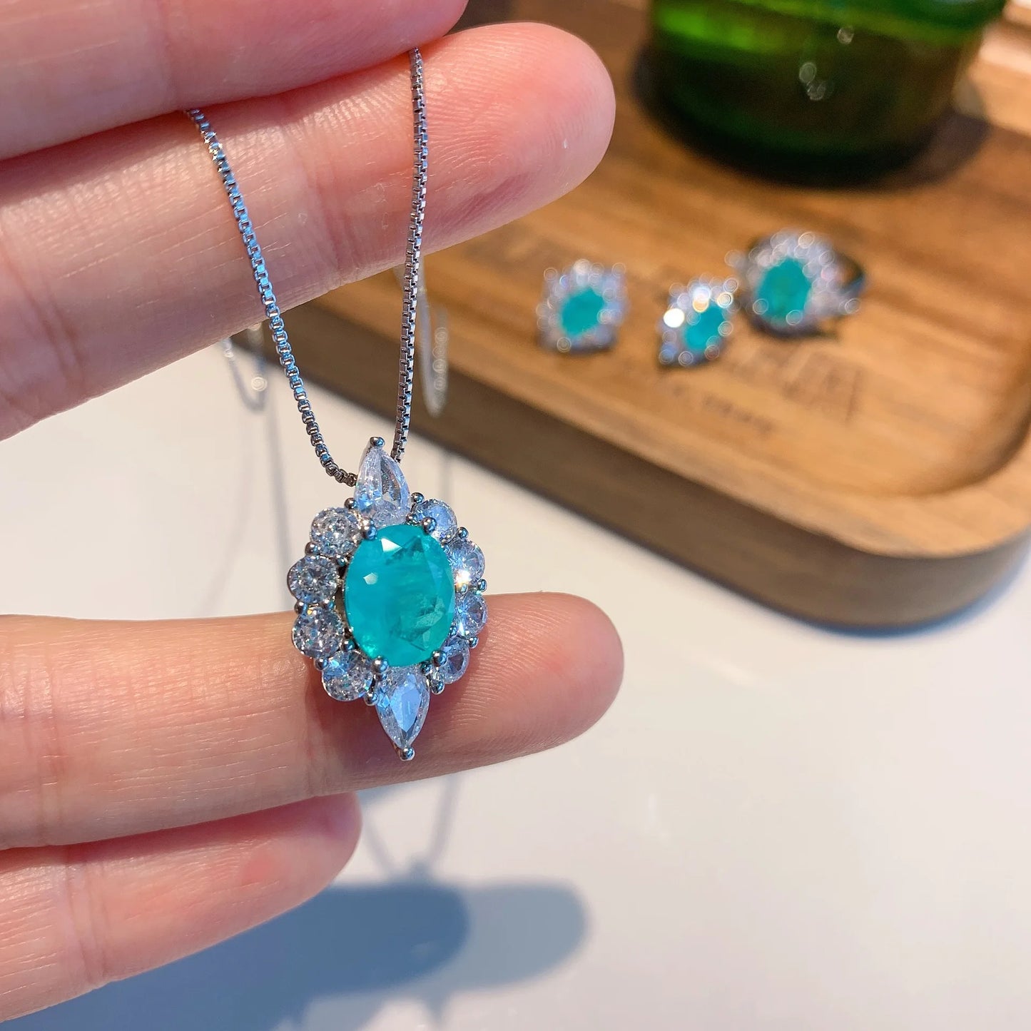 Factory Wholesale Eco-friendly Copper 8*10mm Green Zircon Brass Pendant Earrings Set Minimalist Jewelry Set Women