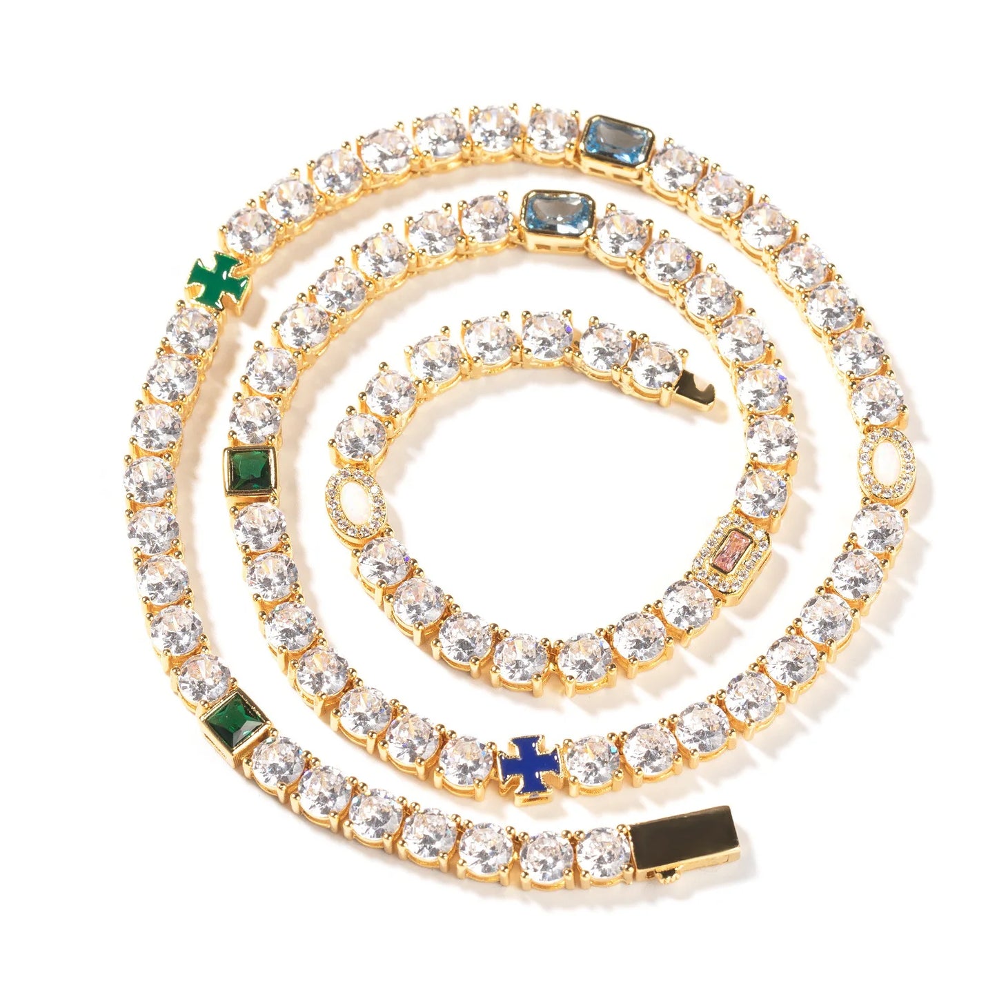 Bling Jewelry Hip-Hop Necklace Full Zircon Chain Opal Cross Charm Luxury Tennis Necklace