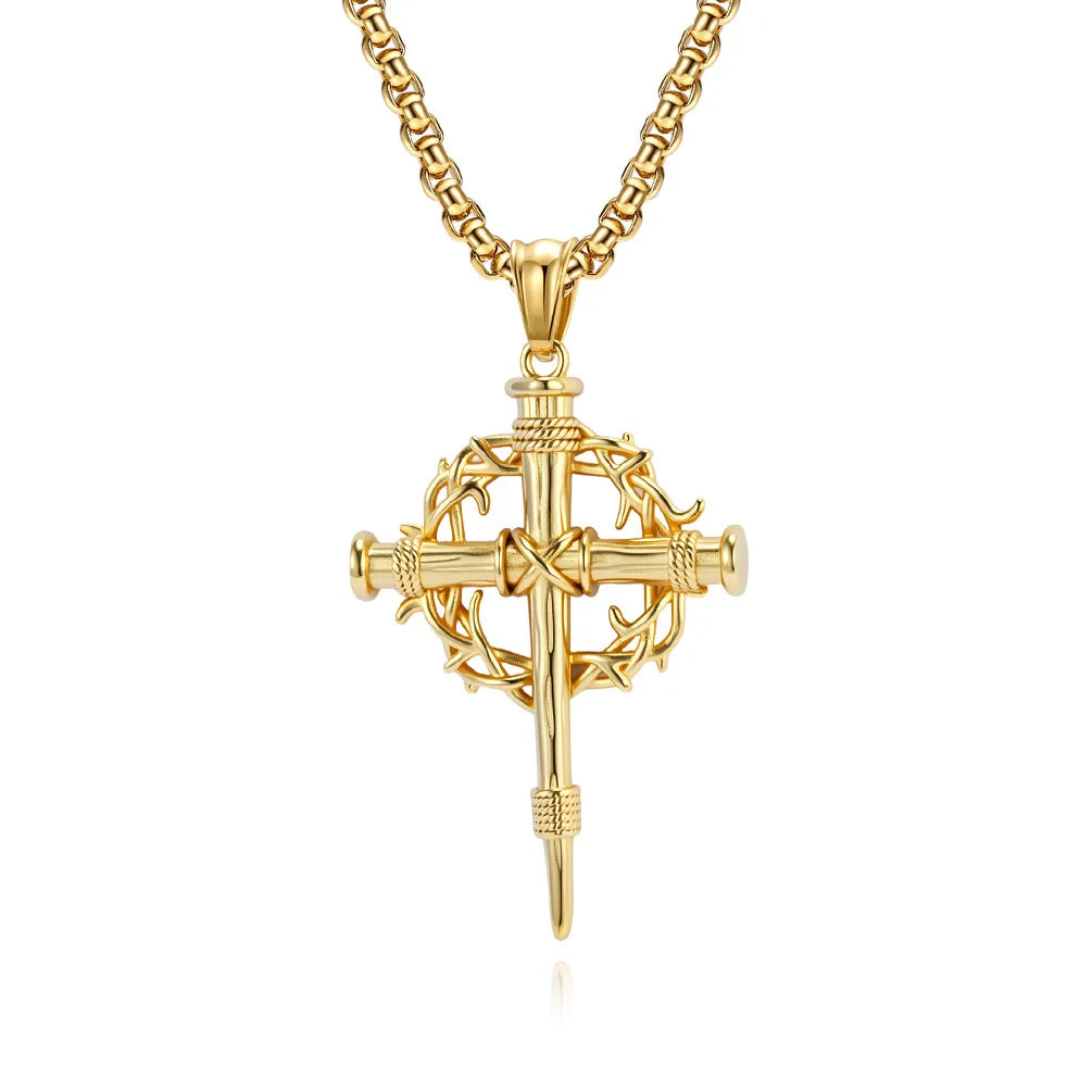 Thorn Wreath Cross Religious Anti Non Tarnish WaterProof Stainless Steel Fashion Jewelry Pendant Necklaces for Men Wholesale