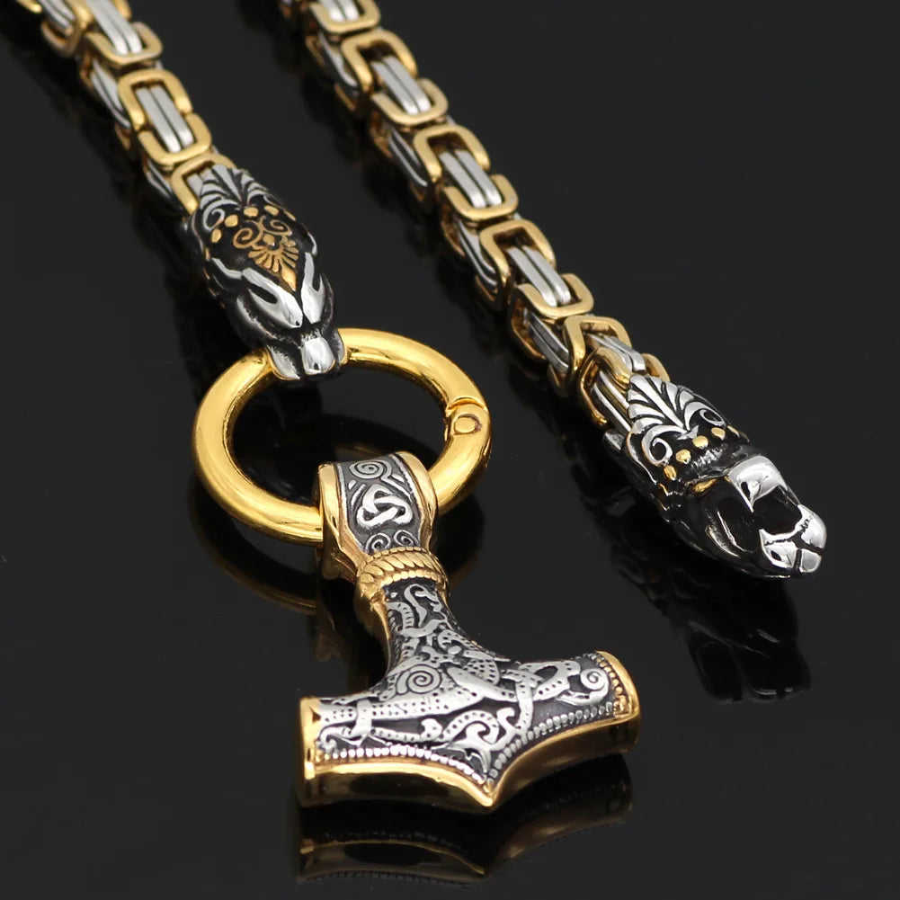 REBEL VIKING Fenrir Wolf Head & Mjolnir Thor Hammer Pendant King Chain Necklace – Stainless Steel