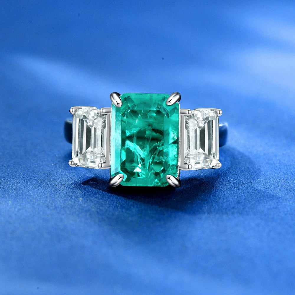 MuShan Jewelry Factory New Pure Silver 4ct Simulated Emerald 8*11 High Carbon Diamond Ring Is Versatile for Europe and America