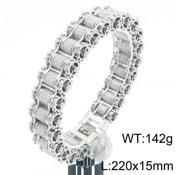 REBEL Men's Punk Motorcycle Chain Bracelet, Multi‑Color Plated Stainless Steel Hip Hop Biker Wrist Cuff, Street Fashion Jewelry Gifts
