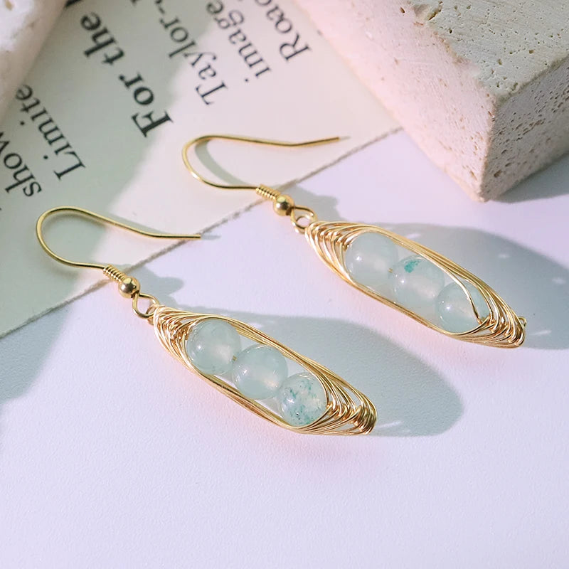 Natural Stone Four Seasons Bean Aquamarine Pendant Earrings 18k Electroplated Design Earrings Women's Jewelry GE0880C