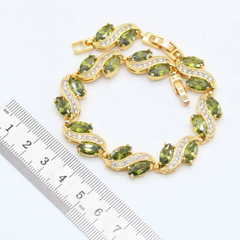 XOTICA Luxury Green Peridot Gold Jewellery Set Yellow Gold Necklace Earrings Pendant for Wedding Engagement Christmas Birthday Gift