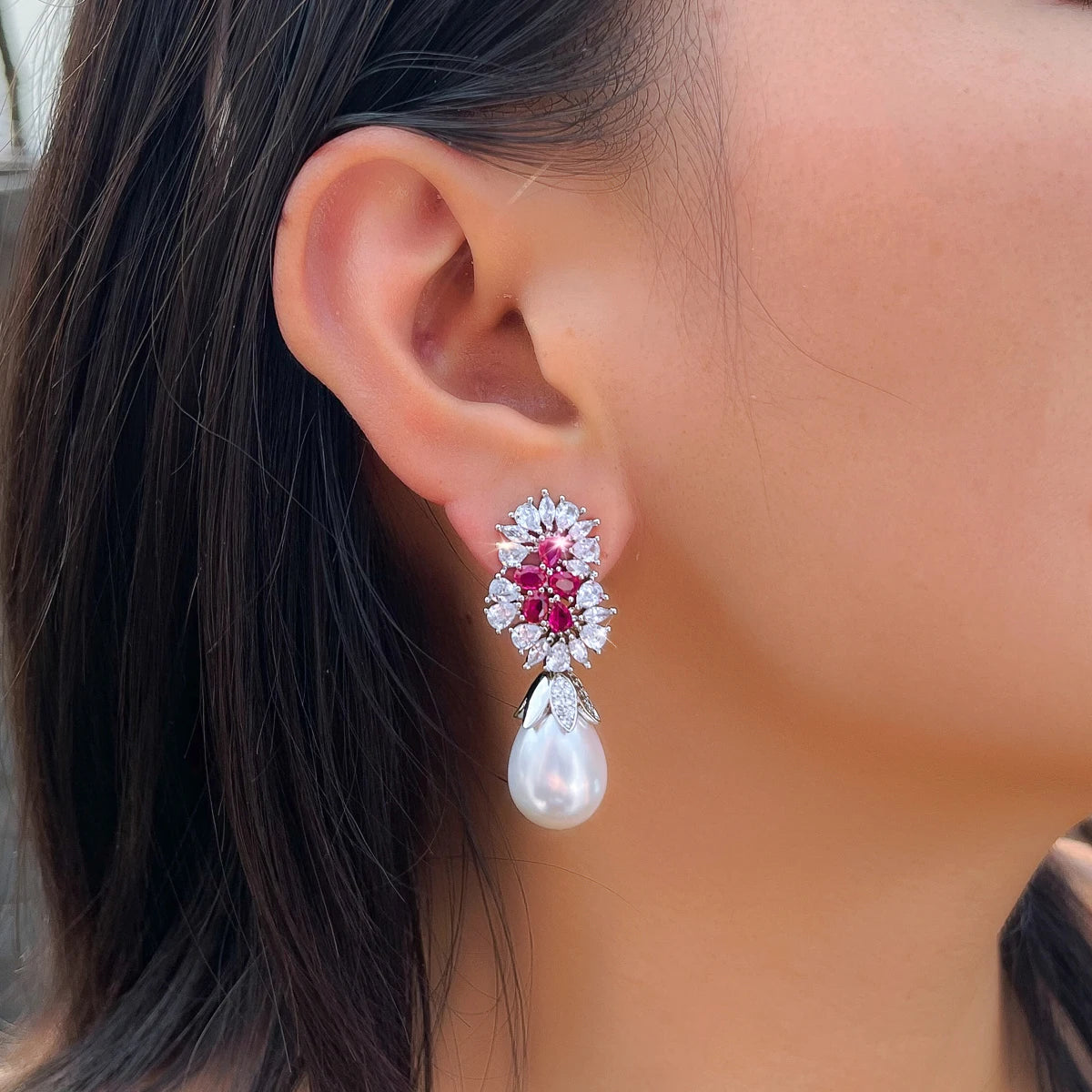 S&S Red CZ & Pearl Geometric Drop Earrings | Bridal Wedding Prom | NewLife