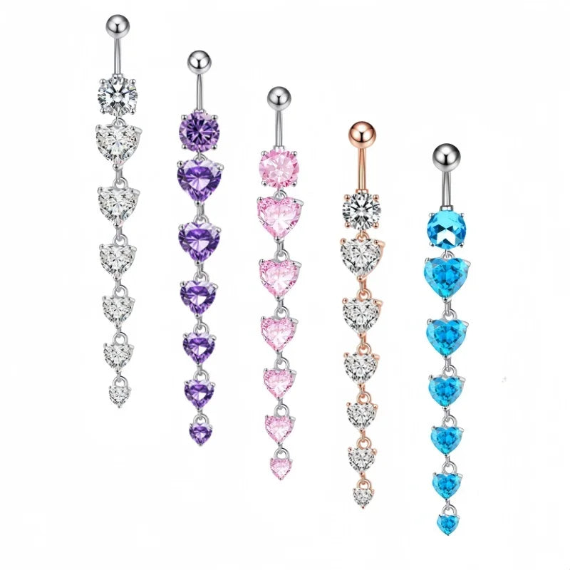 S&S Stainless Steel Heart Dangle Belly Button Ring | 6 Colours | 70mm
