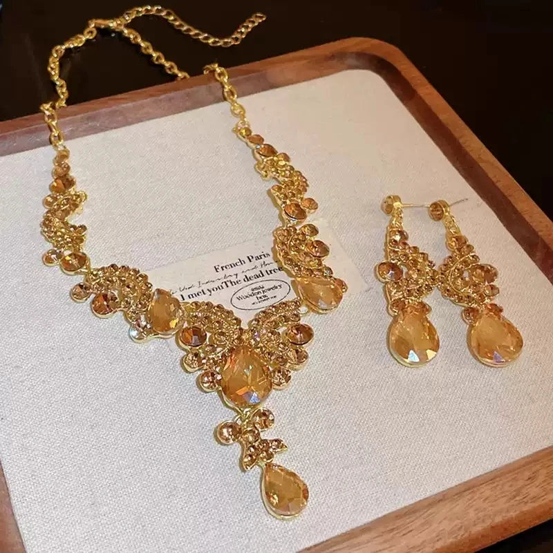 XM S364 Gold Plated Princess Cut Champagne Zircon Floral Statement Necklace & Drop Earrings Bridal Set