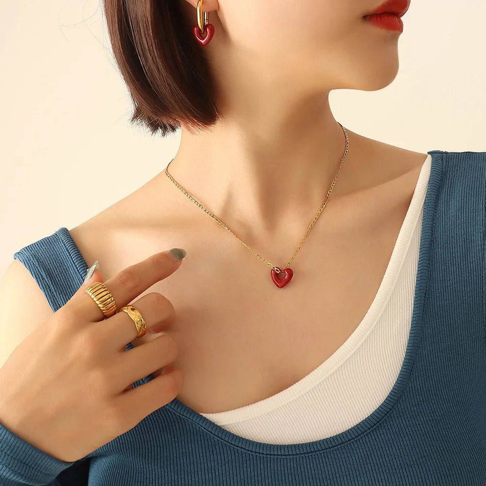 Hollow Heart Hoop Earrings & Necklace | Korean Sweet-Cool Natural Stone Gold Fashion Jewellery
