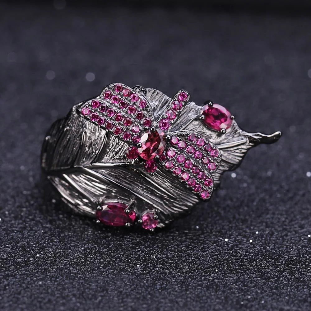 ArtistA Abiding Factory Original Design Black Gun Plated 925 Silver Leaf Shape Rhodolite Garnet Fine Jewelry Set for Women