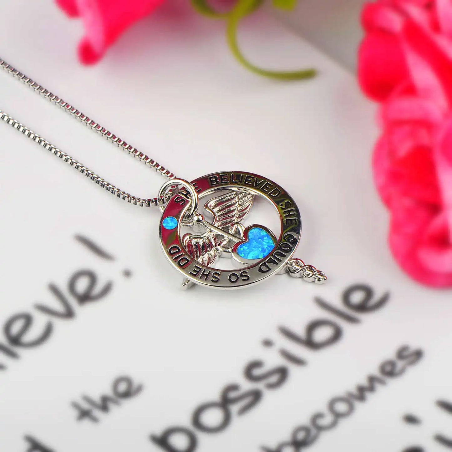 Aobao Women's Christian Angel Collarbone Necklace Blue Heart Pendant Copper Silver Plated Lab Created Opal Sweater Chain Gift