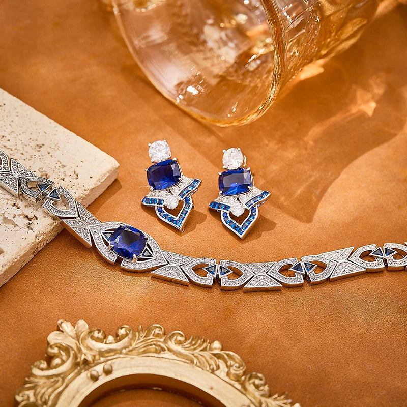 Deep Sea Luxury Cornflower Blue Zircon Brass Necklace Earrings 2-piece Set Sexy Women's Banquet Jewelry Indian Accessories