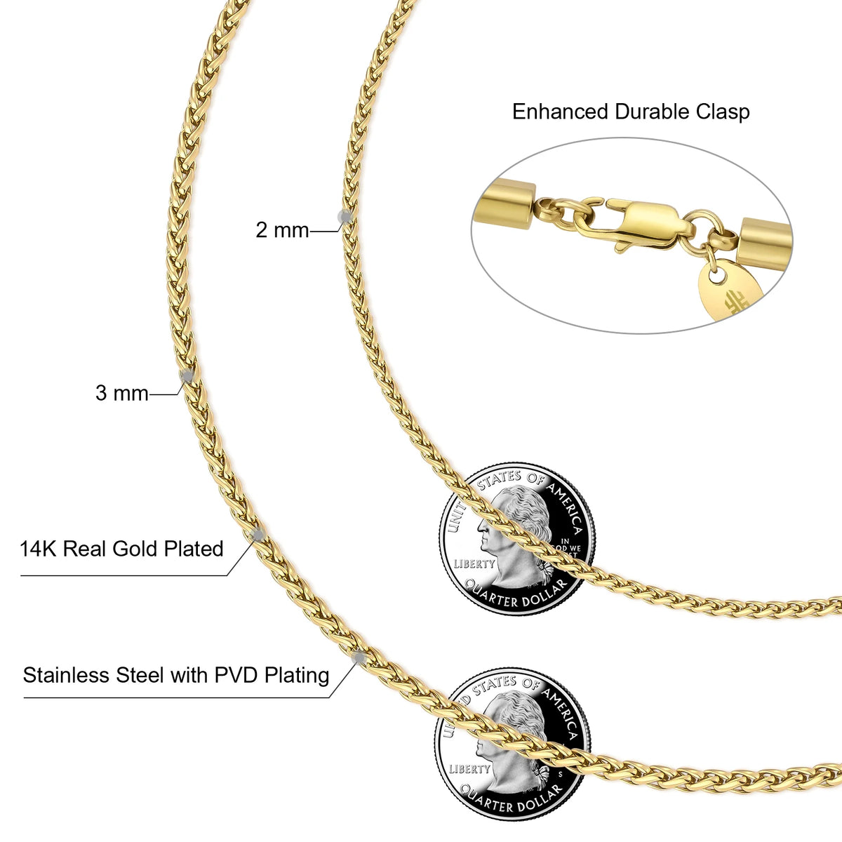 BiG-BOSS 2mm 3mm Wheat Chain 14K Gold Plated Keel Link Flower Basket Stainless Steel Jewelry Pendant Box Necklace for Women Men