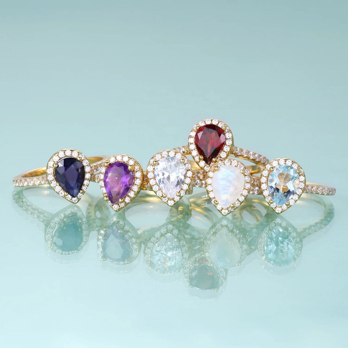Gemfiori KH076 Abiding Hand Made Pear 5*7MM Natural Stone Jewelry 925 Sterling Silver Gold Plated Amethyst Sky Blue Topaz Halo Ring