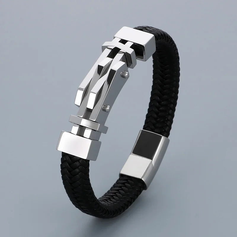 REBEL 210mm Vintage Premium Stainless Steel&Cowhide Leather Bracelet