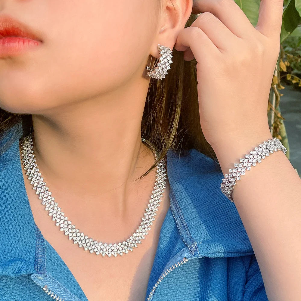 3 Pcs Expensive Shiny Round White Cubic Zircon Crystal Big Wide Luxury Bridal Wedding Jewelry Sets for Women Present Accessories