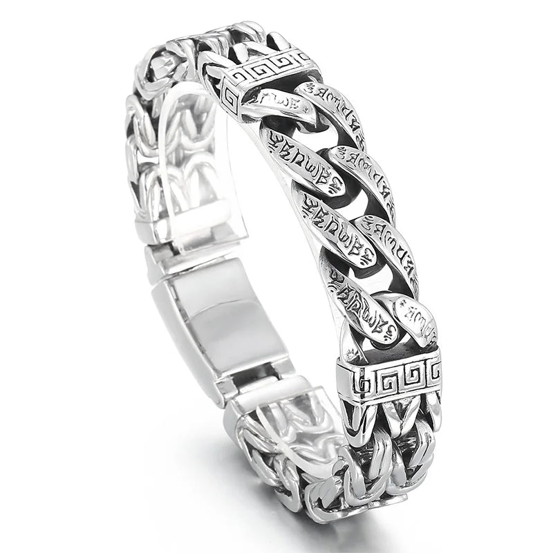 KALEN 225mm Gothic Stainless Steel Herringbone&Cuban Chain Bracelet With Ancient Runes