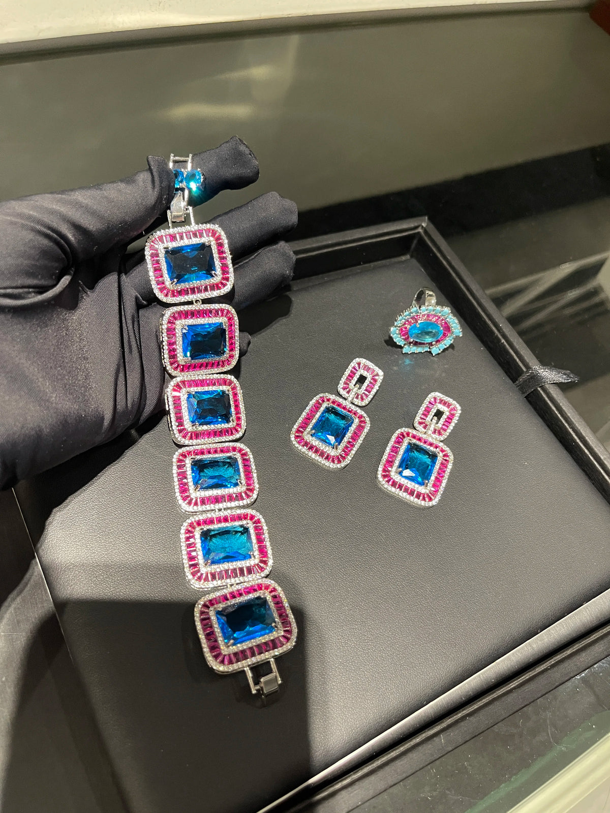 XOTICA TIANSHE Grace Jewelry Unique High End Luxury Brass Blue Zircon Crystal Bracelet Earrings Rings 3pcs Set