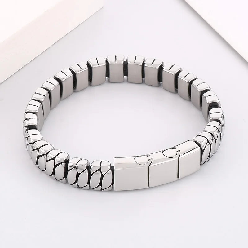 REBEL 225mm Fashion Leather&Stainless Steel Snake Scale Links Bracelet Bangle