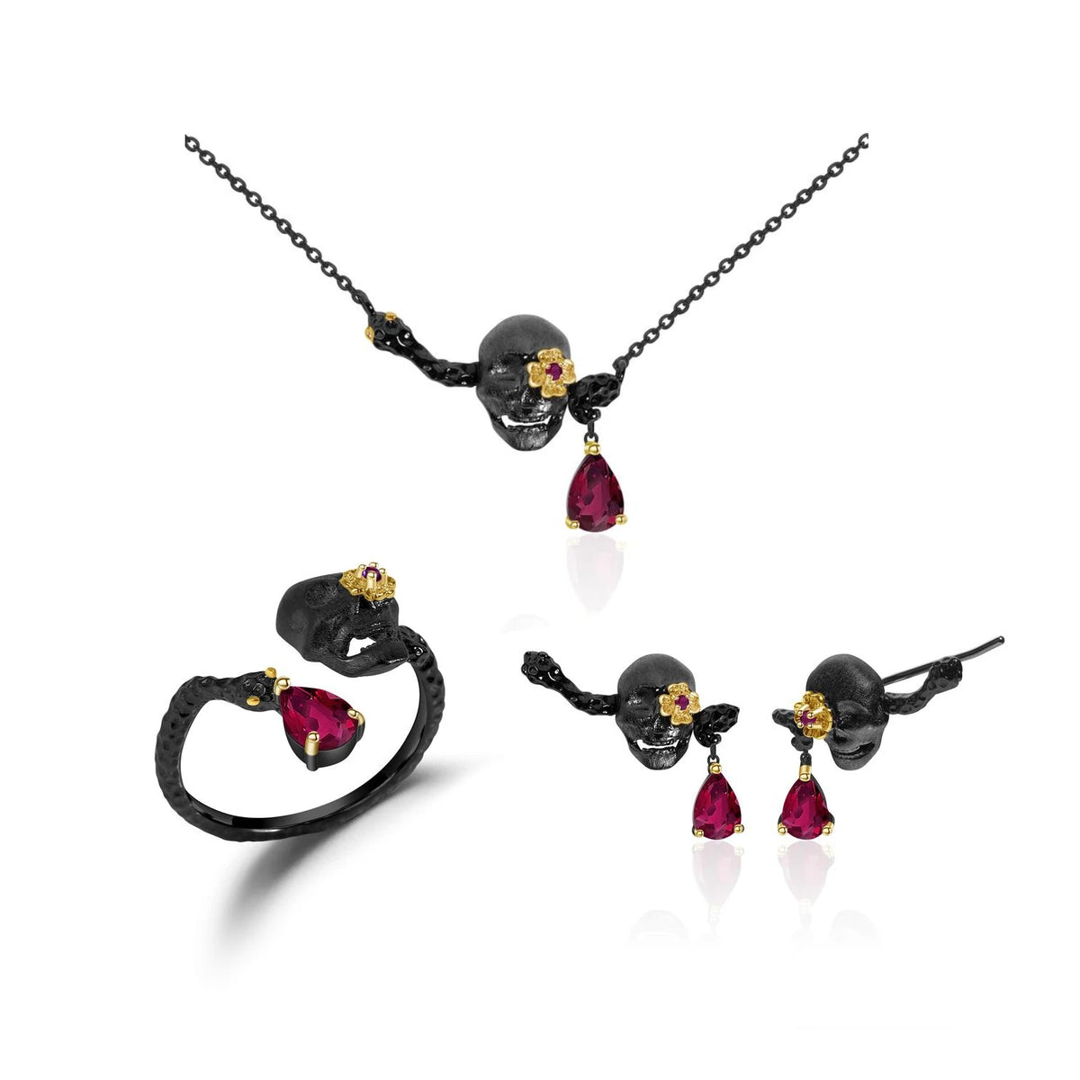 ArtistA C8280 Abiding Fine Jewelry 925 Sterling Silver Black Plated Glass Filled Ruby 3 Pieces Skull Jewelry Set for Halloween Gift