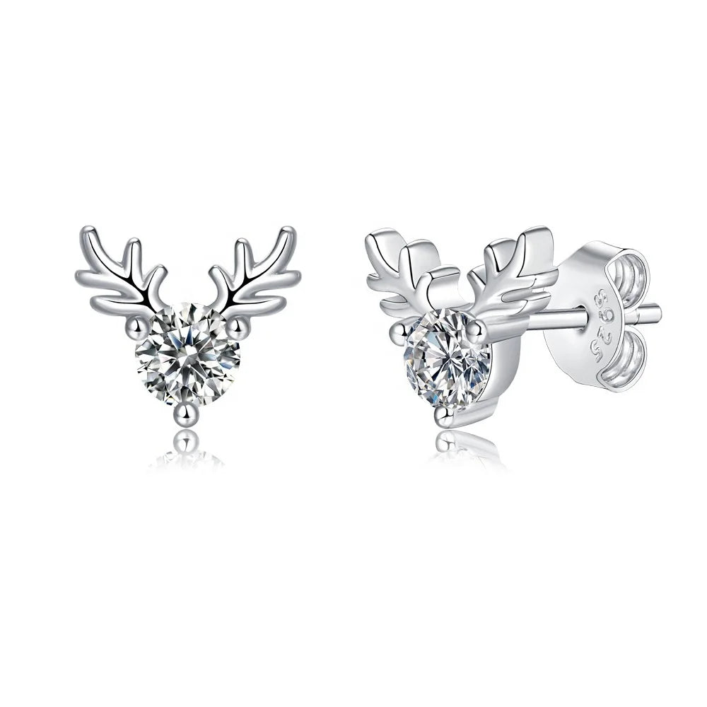Christmas Parties Gift 925 Sterling Silver Round VVS1 Diamond Moissanite Antler Stud Earrings