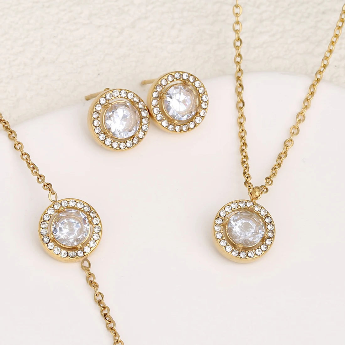 S&S Stainless Steel Round Zircon Necklace, Bracelet & Earring Set – Collection