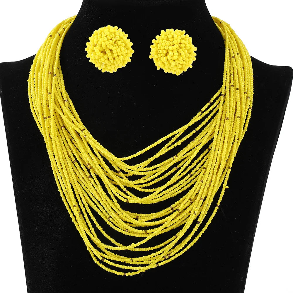 Bohemian Multi-Layer Rice Bead Necklace & Earrings Set | Retro Ethnic Style Glass Bead Jewellery | 9 Colours