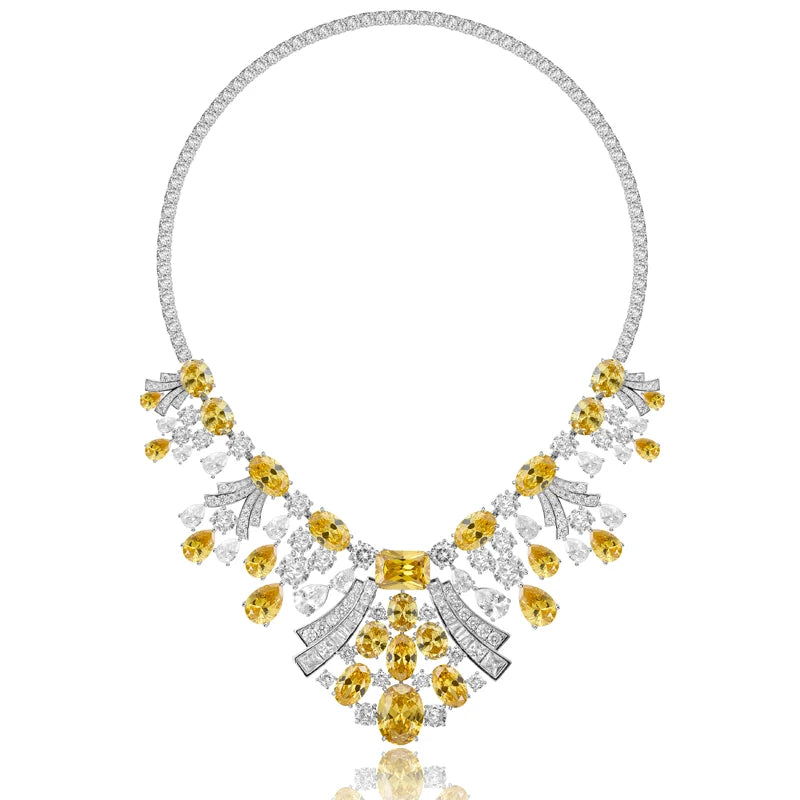 Brass Material High-end Customized Yellow Powder Zircon Dress Jewelry Women's Banquet Jewelry Collar Necklace Earrings Ring Set