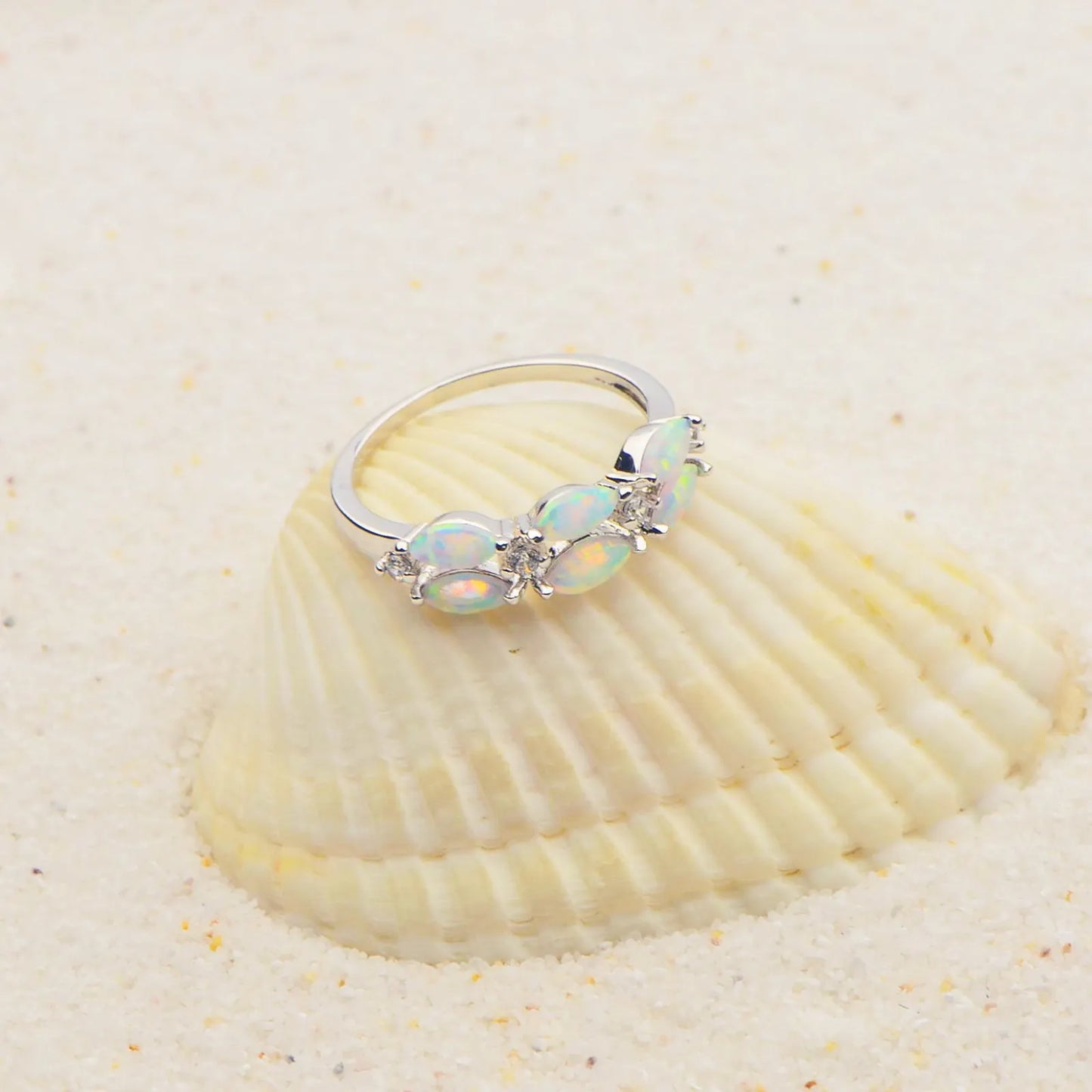 Ellipse Opal Twisted Ring | Iridescent Gem Inlay Band | Nature-Inspired Fashion Jewelry for Women Trendy Wear