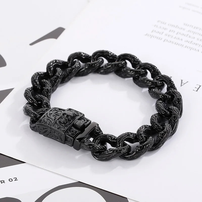 REBEL 220mm Men Punk Black Stainless Steel Skull Charms Cuban Links Bracelet