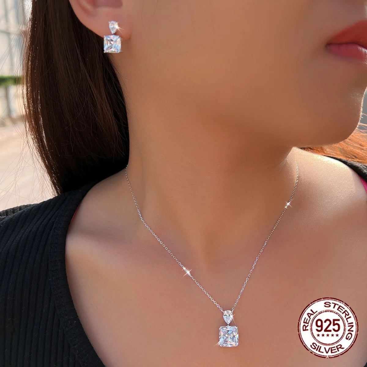 S925 Sterling Silver Sparkly 8A Ice-Flower Cut Cubic Zircon Pendant and Earrings Jewelry Set for Women Gift Daily Wear