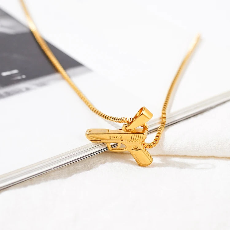 BiG-BOSS Fashion Hip Hop Punk Jewelry 18k Gold Plated Stainless Steel Men Pistol Charm Link Chain Gun Pendant Necklace for Party