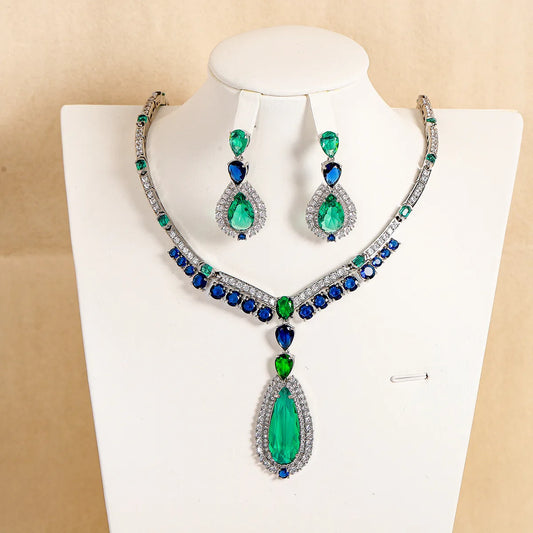 Dubai Luxury Emerald & Sapphire Zirconia Bridal Necklace & Earrings Set — Green & Blue