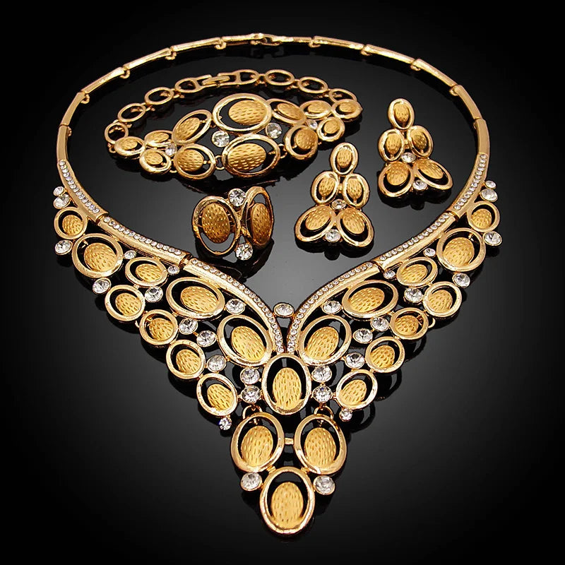 Zhuerrui New Romantic Bridal Jewelry Set Luxurious Exquisite 24K Gold Plated African Noble Wedding Necklace Ring Set of Four