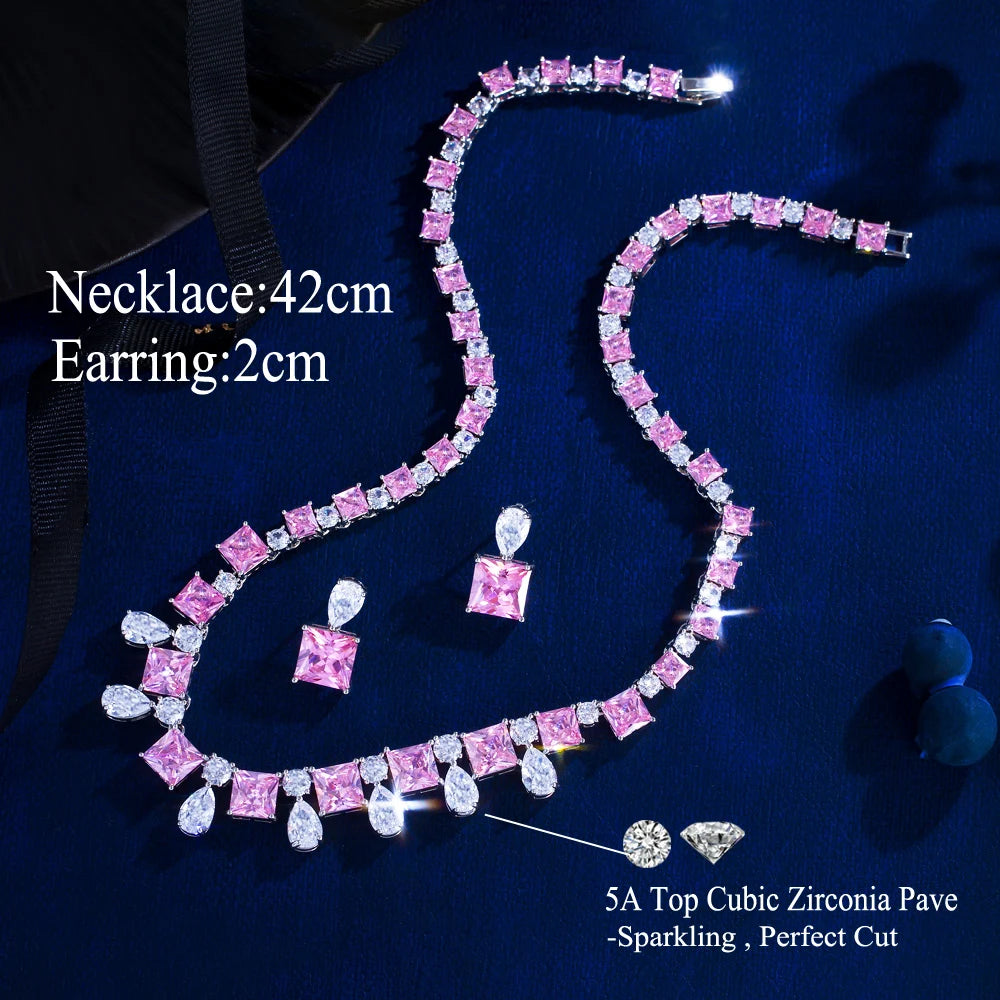 Romantic Pink and White Cubic Zircon Silver Plated Necklace Earring Women Wedding Jewelry Set for Engagement Jewellery Accessory
