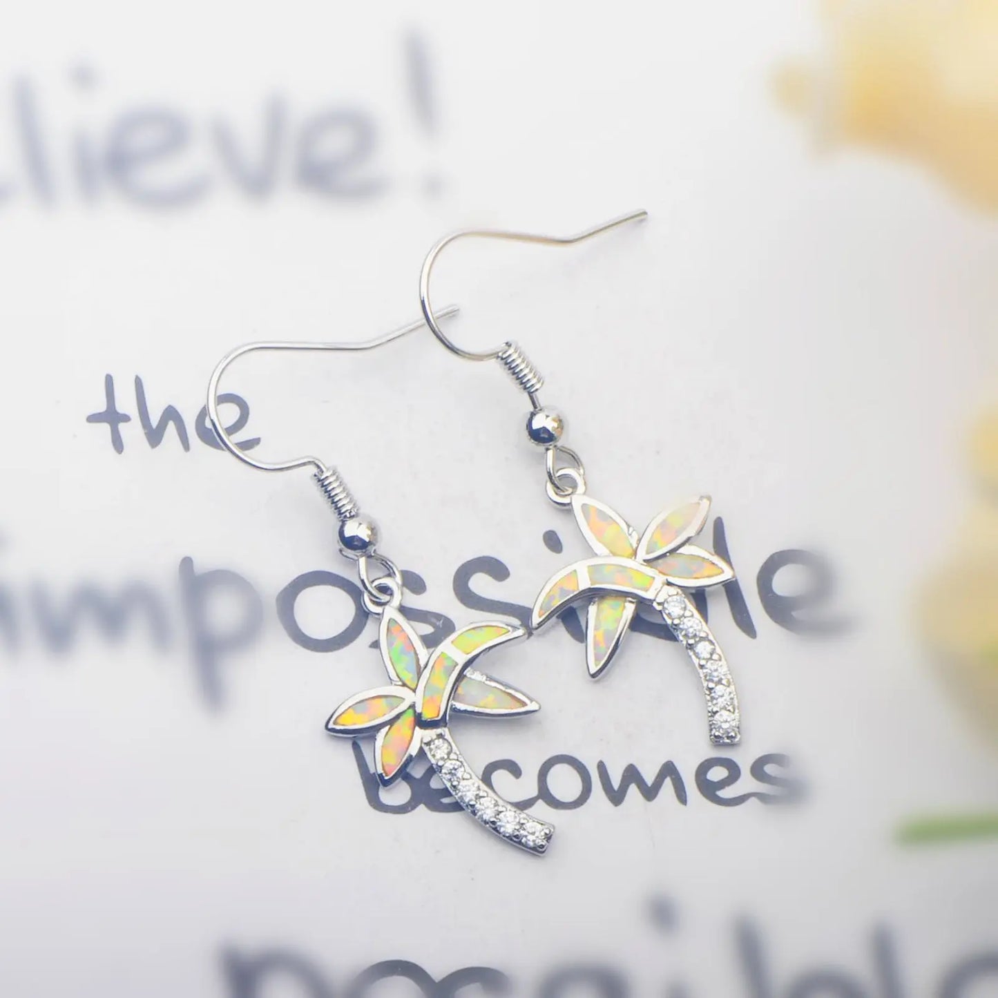 Tropical Palm Tree Opal Drop Earrings - Iridescent Opal Fronds & CZ Trunk Design | Vacation-Chic Daily Jewelry Bulk Gifts