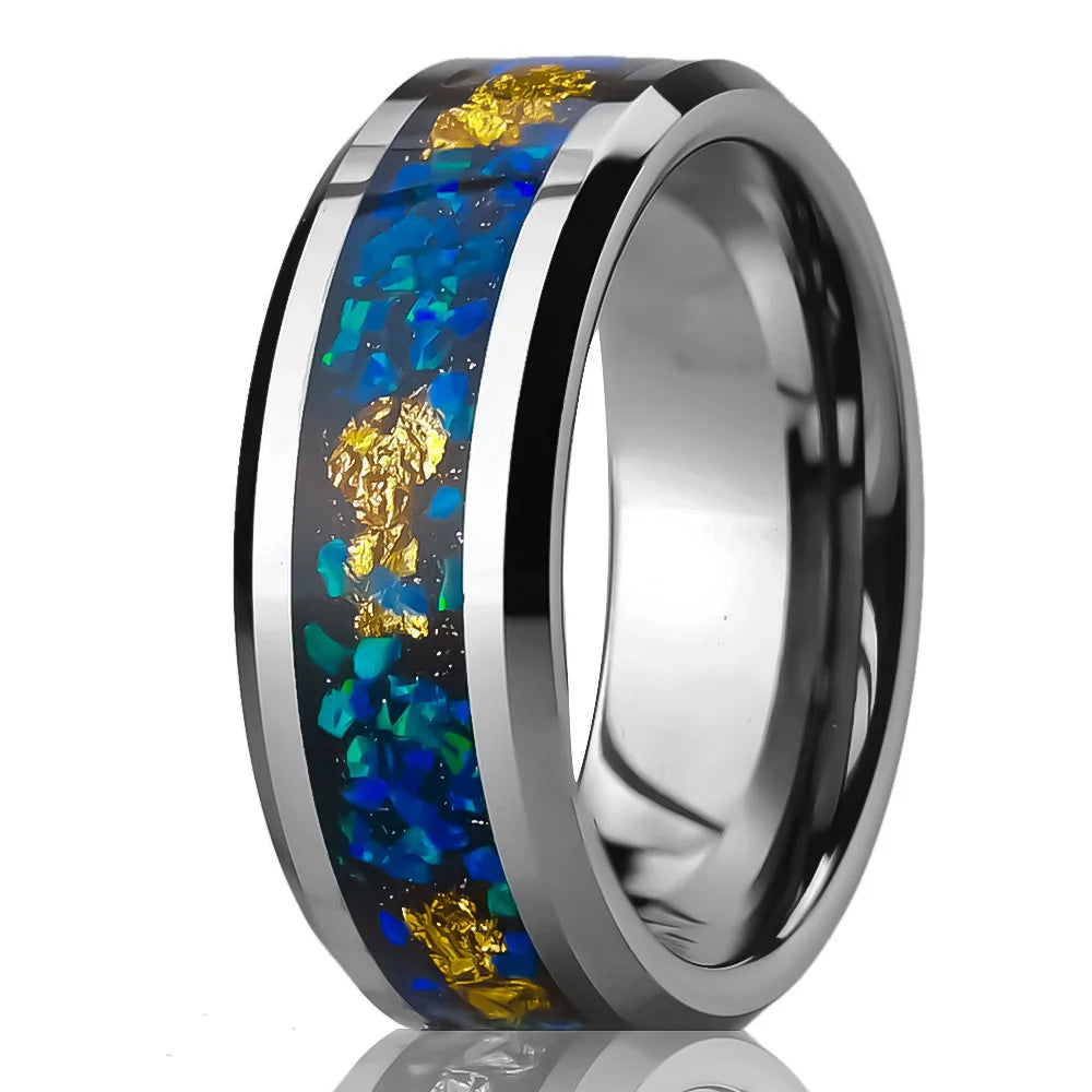 8 Wide Plane Chamfered Tungsten Steel Inlaid Opal Blue Opperga Gold Foil Unisex Wedding Ring Light Luxury