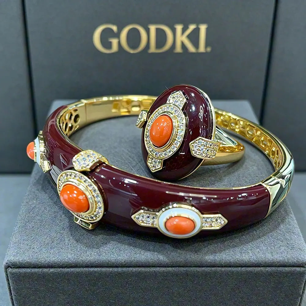 Gemfiori H175A Luxury 3 Rows 2PCS Zircon Bracelet Ring Earring Set Women Wedding Zircon African/Indian/Dubai Bridal Jewelry Set
