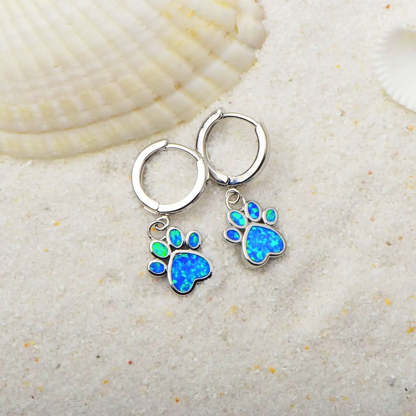 Blue Opal Dog PAWS Earrings | Silver Twisted Design Drop Jewelry