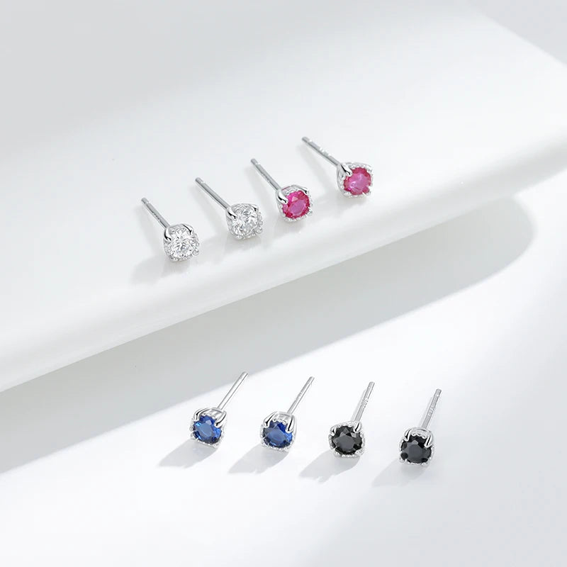Trendy 925 Sterling Silver Stud Earring Bezel Claw Round White/Red/Blue/Black Colorful 5A CZ Earrings Gift for Women Mom