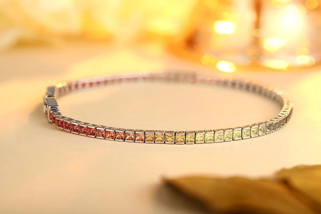 ArtistA High Quality 925 Sterling Silver Tennis Chain Multicolored Gemstones Bracelet Rainbow Lab Grown Sapphire Weddings Parties