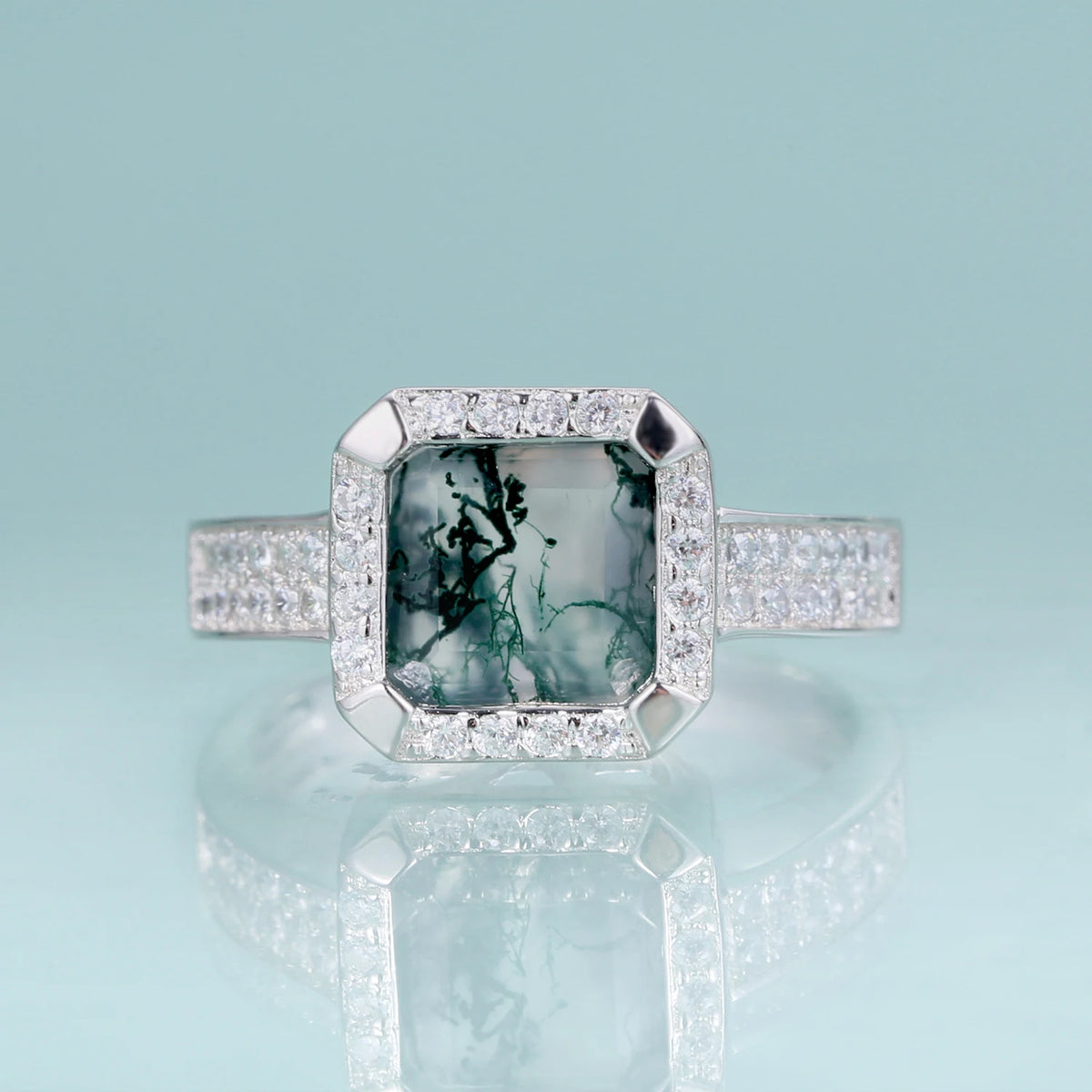 ArtistA Abiding Plated Silver 925 Natural Stone Ring Fancy Cut Natural Inspired Moss Agate Engagement Ring for Anniversary Bridal