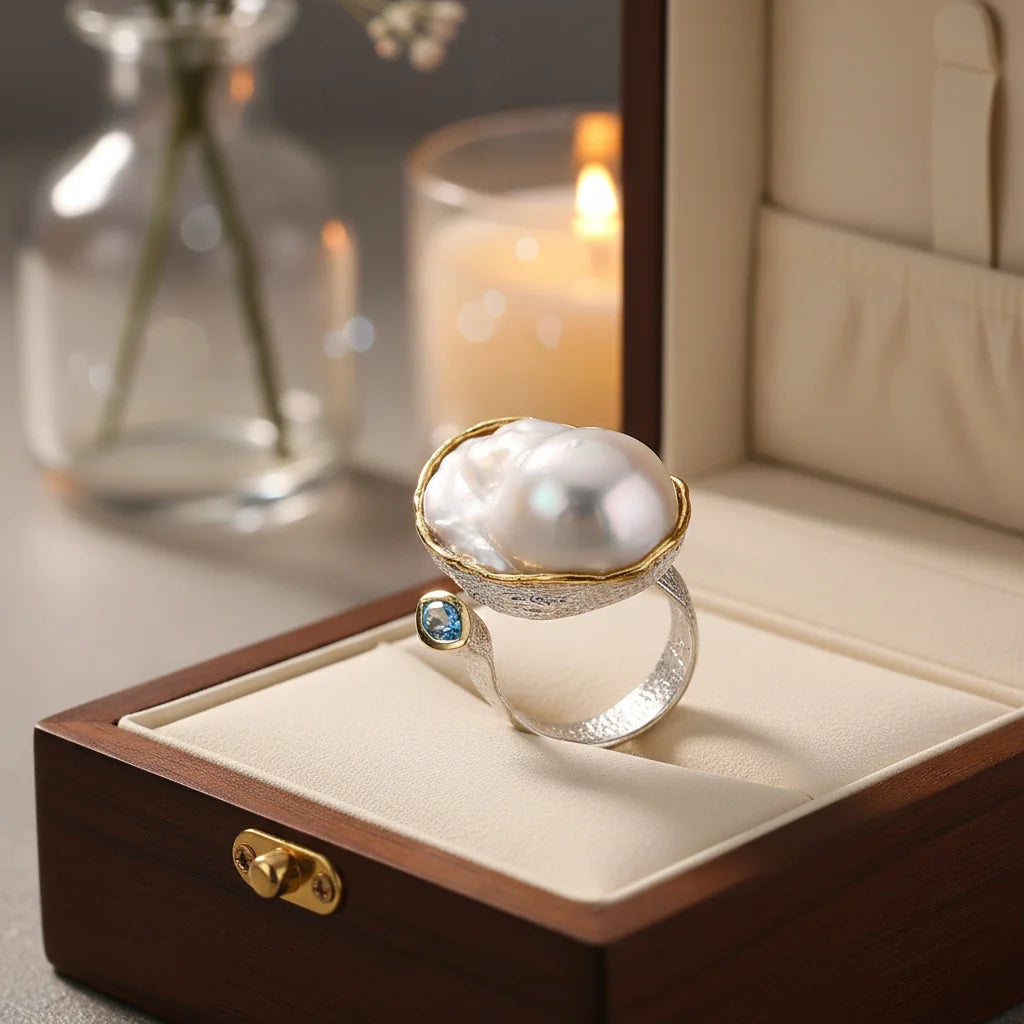Original Exquisite and Beautiful Ladies White Freshwater Baroque Pearl Ring