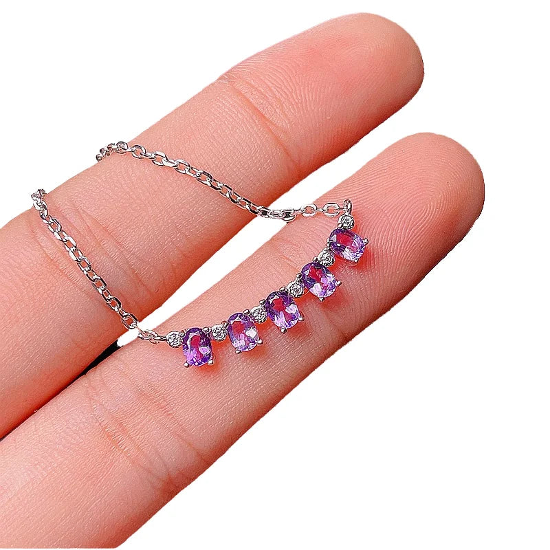 Gioiellieri Trendy S925 Sterling Silver Smile Necklace 3x4mm Oval Cut Amethyst Sapphire Tourmaline Gemstone Rhodium Plated Engagement Party