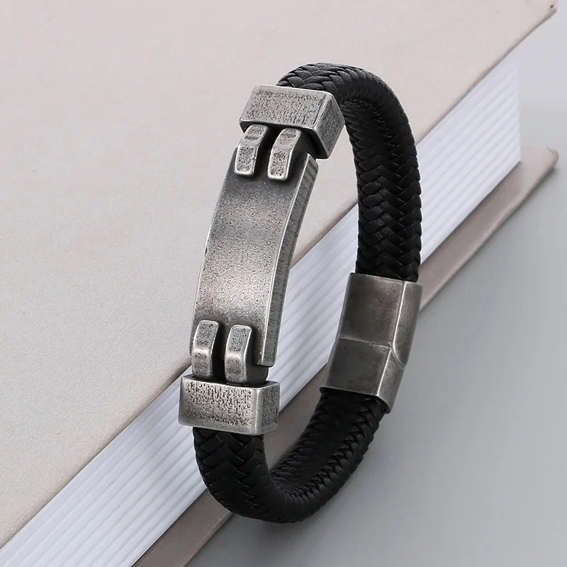 REBEL 210mm Vintage Premium Stainless Steel&Cowhide Leather Bracelet