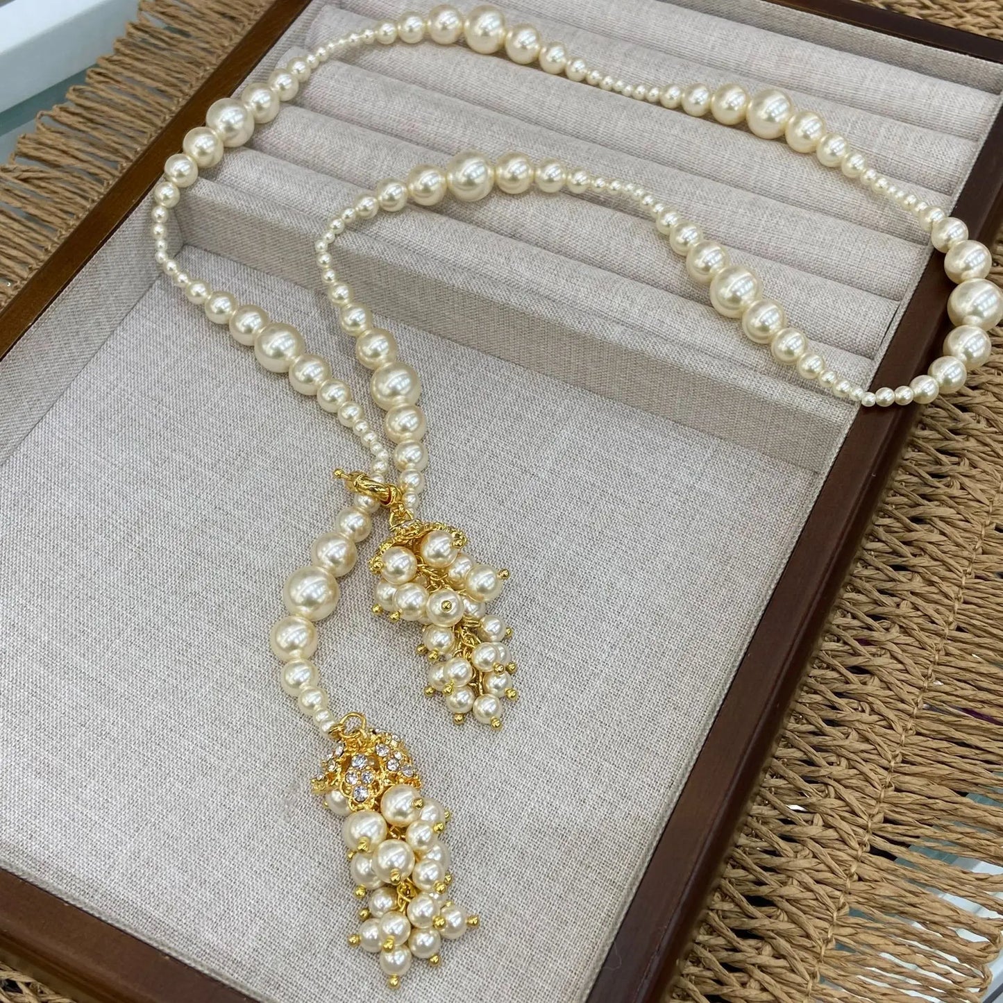 Gold Plated Bridal Long Pearl Necklace Earrings Two Piece Jewelry Set Indian Dubai Style Grape Design Pearl Gold Jewelry Set