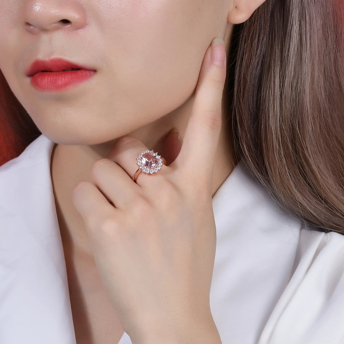 ArtistA Abiding Rose Gold Plated 925 Sterling Silver Oval Lab Pink Sapphire Nanocrystal Morganite Halo Engagement Ring for Wedding Women