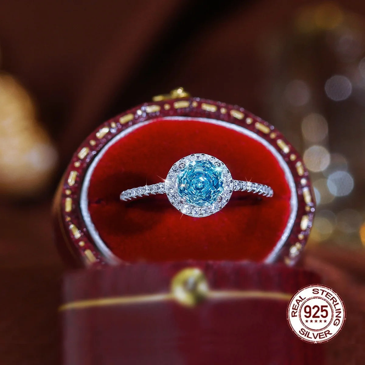 S&S 925 Sterling Silver Light Blue Rose-Cut CZ Engagement Ring – Rhodium Plated – Collection